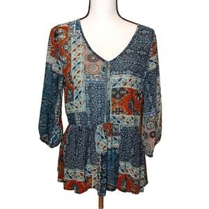 Umgee USA Size Medium M Sheer Flowy Blouse Long Half Sleeve Print Dark Colors
